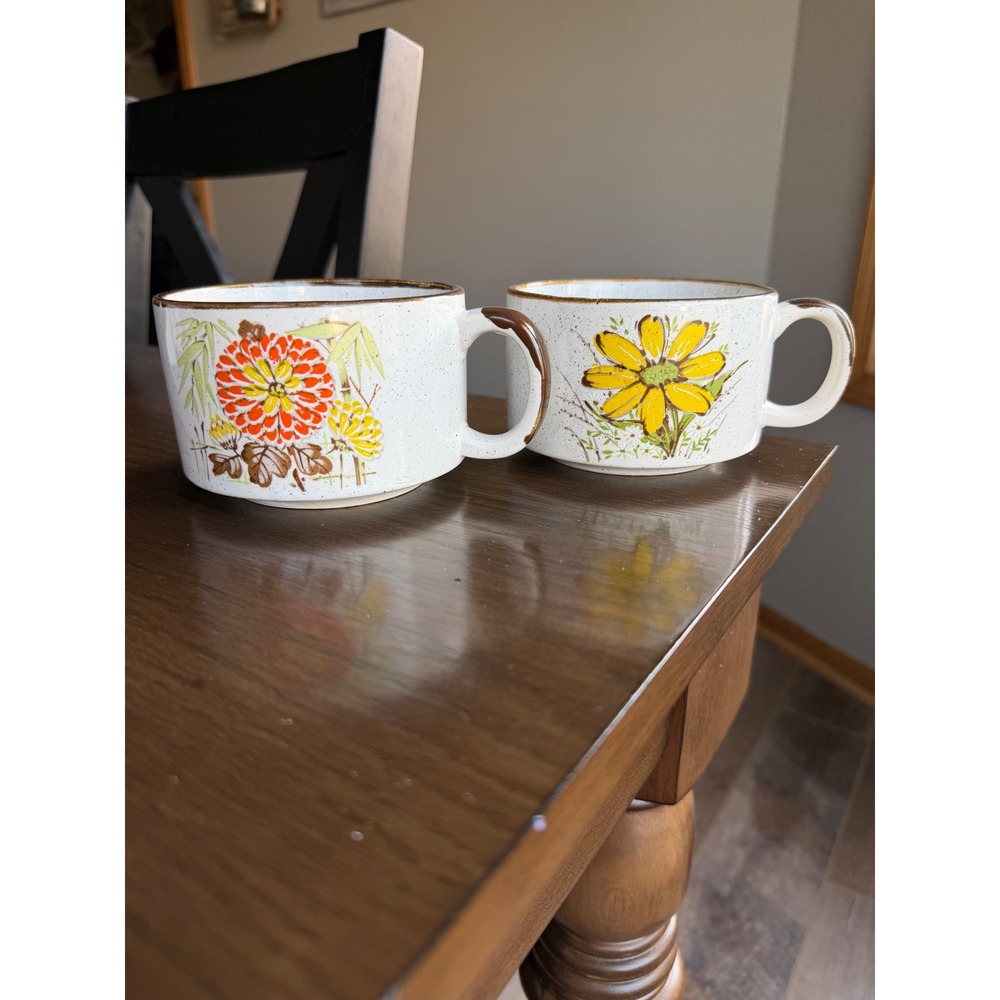 Vintage Otagiri Japan Stoneware Soup Mugs Set of 2 Speckled Floral Daisy Dahlia